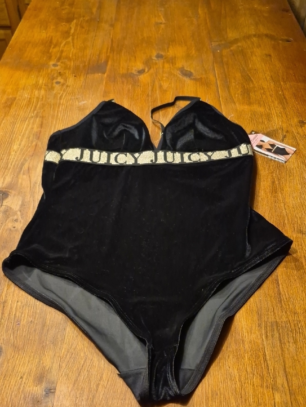 Juicy Couture Black Velvet Bodysuit with Gold Logo Band
